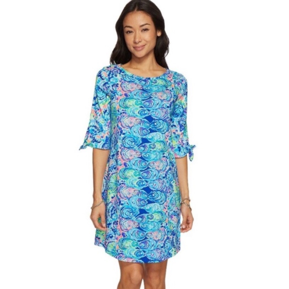 Lilly Pulitzer blue shell dress small tie sleeve Preston multi Ocean Commotion
